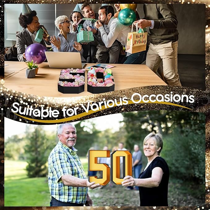 50 Cardboard Numbers for Charcuterie Fillable 13.8'' Black Gold Paper Mache Number Shaped Cupcake Pans Board Box Trays Container for Food Candy 50th Birthday Party Decorations Anniversary