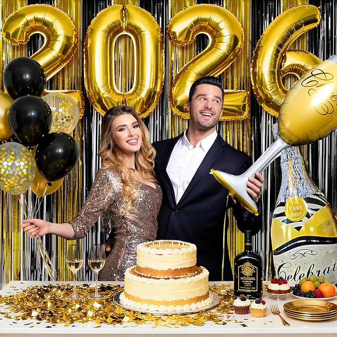 2026 Happy New Years Party Decorations, Gold Black Foil Fringe Curtains Number 2026 Party Balloons for New Year Photo Props, 2026 New Year's Eve Party Supplies，Graduation School Decor