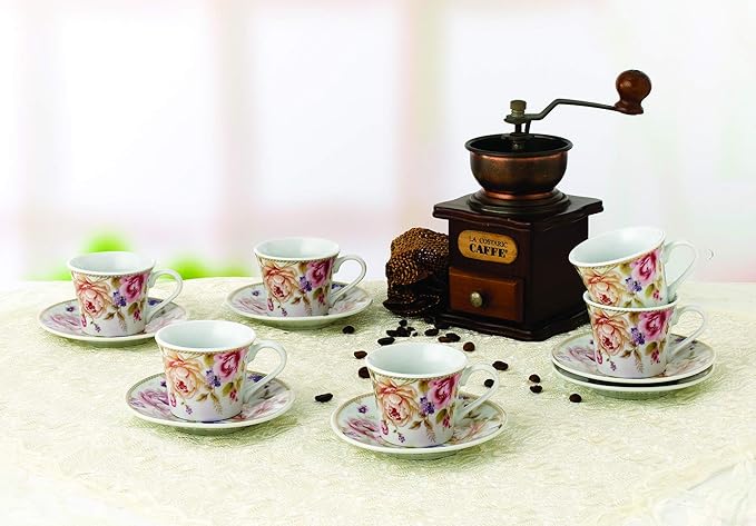 Set of 6 Espresso Cups 2oz. On Metal Stand-Pink and Ivory Flower