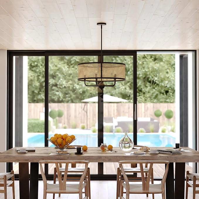 VAXCEL Berens 5 Light Matte Black Modern Farmhouse Drum Pendant Fixture with Rattan Cane Shade