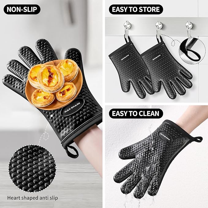 MAD SHARK Silicone Oven Mitts Heat Resistant 450°F,Waterproof & Non-Slip Oven Gloves with Fingers,Cotton Lined Silicone Oven Gloves Kitchen Mitts for Baking Cooking Barbecue,Women,Oven(Black)
