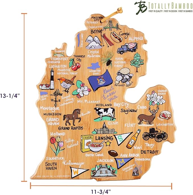 Totally Bamboo Michigan State Shaped Cutting Board and Charcuterie Serving Platter with Artwork by Fish Kiss, Includes Hang Tie for Wall Display