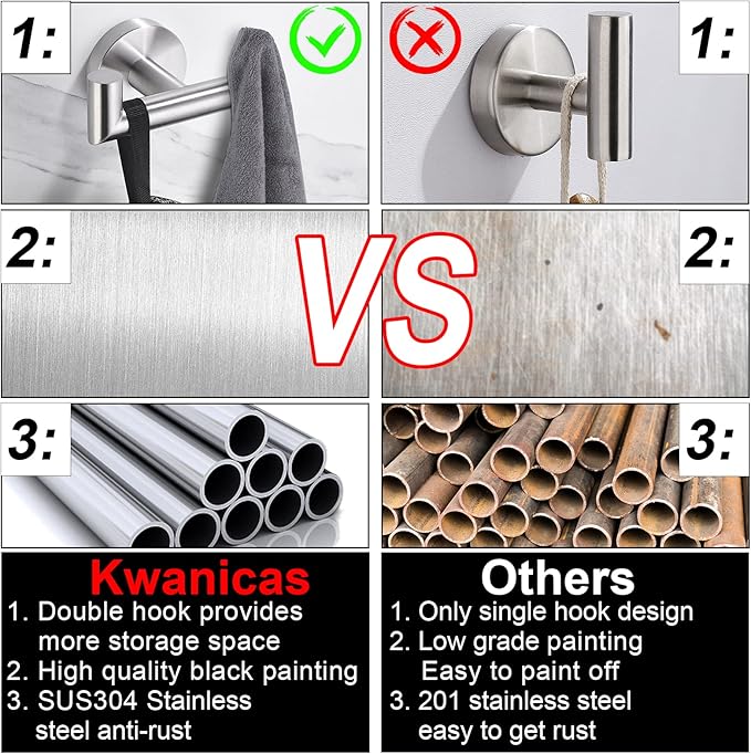 Towel Hooks For Bathrooms, Brushed Nickel Towel Hook For Kitchen Bathroom, SUS304 Stainless Steel Coat Hook, Heavy Duty Double Holder Robe Hooks For Hanging Towels,Coats,Clothes,Wall Mount, 4 Pack