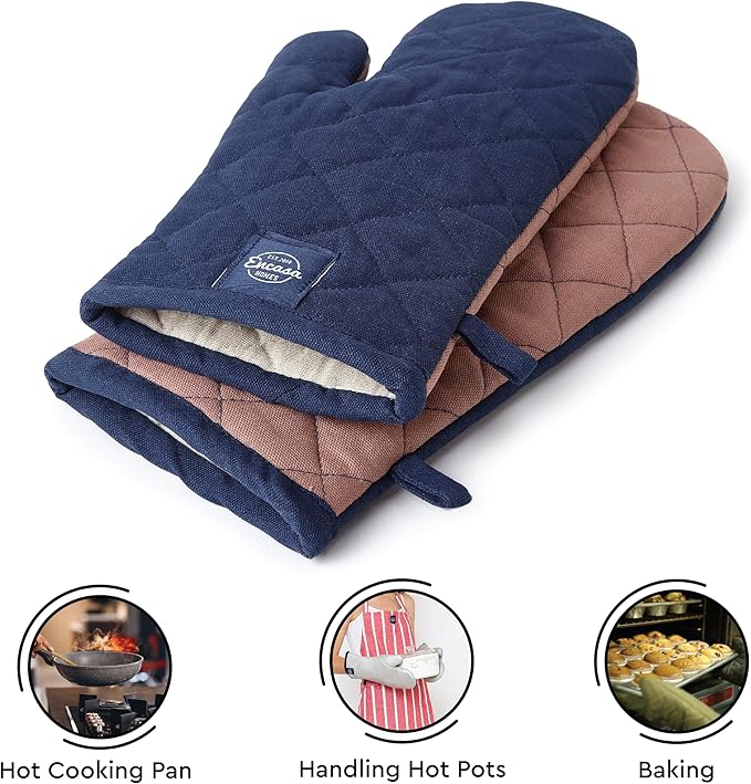 Encasa XO Heat Resistant Cotton Oven Gloves Mitts (2 Pc Set) - Quilted & Safe 12x6.6 in - for Kitchen, Cooking & Baking, Grilling, Handling Hot Pots & Pans - Scotch Blue