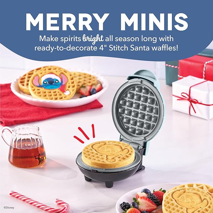 Disney Dash Stitch Santa Mini Waffle Maker - Holiday Waffle Maker - Simple Setup & Quick Cleanup - Convenient & Compact for Easy Storage
