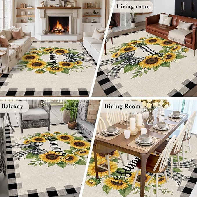 Area Rug 6x9ft, Summer Words Farm Sunflowers Washable Rugs for Living Room Bedroom, Butterflies Country Floral Soft Non-Slip Area Rugs Rectangle Floor Carpet for Dining Room
