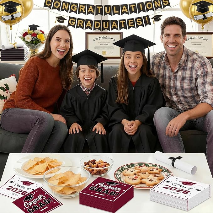 50 Pcs Graduation Napkins Decorations - Maroon Class of 2026 Congrats GRAD 3-Ply Paper Cocktail Dinner Napkins Set for 2026 Graduation Party Supplies Table Decor Favors, 6.5 x 6.5 Inch