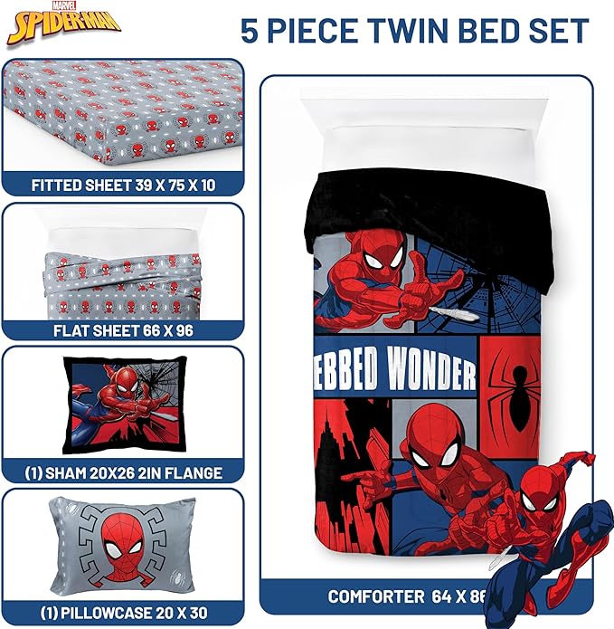 Jay Franco Marvel Spiderman Webbed Wonder 5 Piece Twin Bed Set - Includes Comforter & Sheet Set - Bedding Features Spiderman - Super Soft Fade Resistant Polyester - (Official Marvel Product)