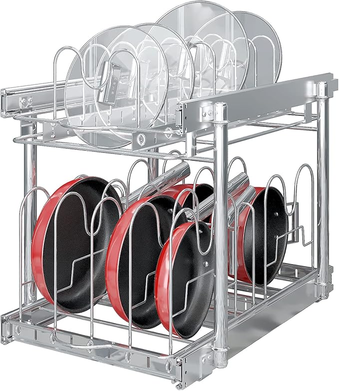 TQVAI Pots and Pans Organizer, Full-Extension Pull Out Cabinet Organizer, Slide Out Drawers for Kitchen Cabinets with Adjustable Dividers, Request at Least 15.5" W x 23.5" D x 23.5" H Opening - Chrome