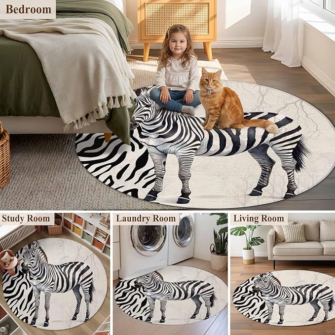 Washable Round Area Rug Zebra Black Stripe Animal Portrait Circle Rugs Floor Carpet for Living Room Bedroom, Vintage Tree Branch Soft Non Slip Round Rug 5ft