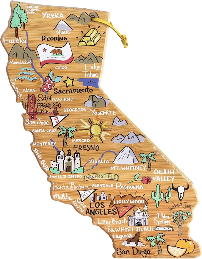 Totally Bamboo California State Shaped Cutting Board and Charcuterie Serving Platter with Artwork by Fish Kiss, Includes Hang Tie for Wall Display