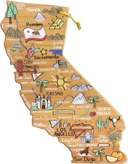 Totally Bamboo California State Shaped Cutting Board and Charcuterie Serving Platter with Artwork by Fish Kiss, Includes Hang Tie for Wall Display