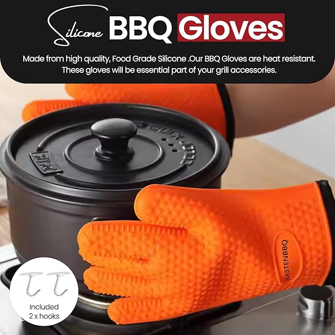 XL Silicone BBQ Gloves, Extreme Heat Resistant, Oven Gloves Perfect for Your Grill Fryer Smoker & Pit, Waterproof Baking Mitts for Cooking or Grilling, Bonus 2 Hangers