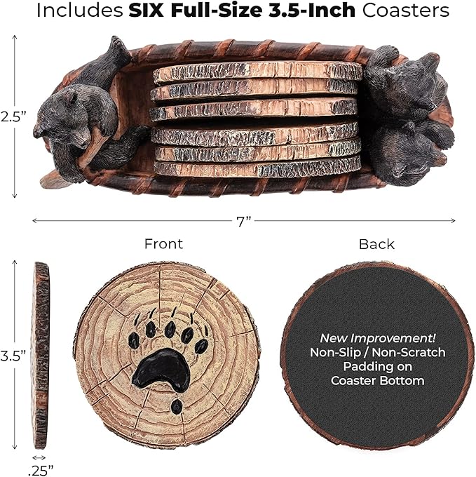 Cabin Obsession Bear Coasters - Set of 6 Full Size Rustic Coasters in Handmade Canoe with Adorable Black Bear Figurines - Log Cabin Decorations, Rustic Lodge Decor for The Home