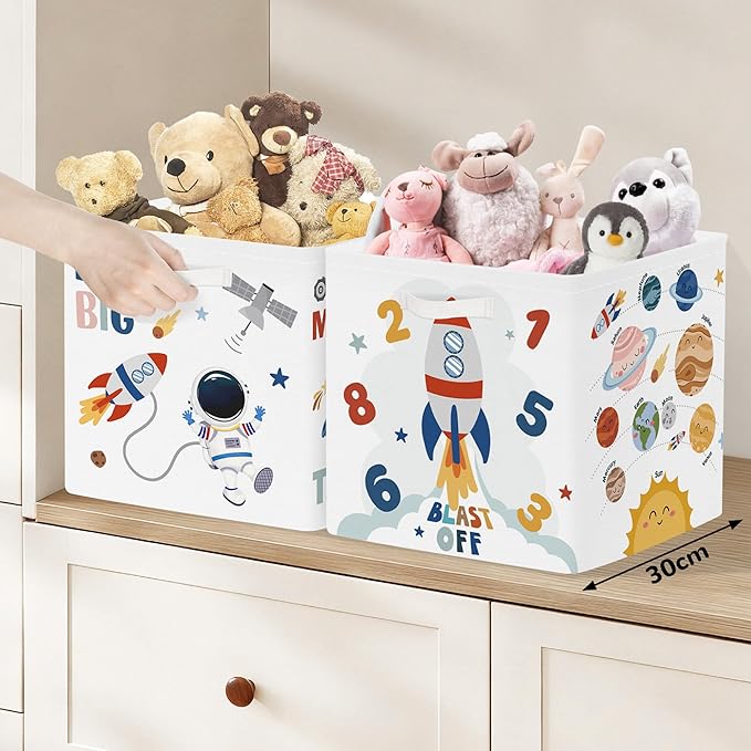 Clastyle Education Storage Cube Organizer Set Handle Closet Clothes Cube with Metal Frame Foldable Parents Organizer Storage Basket for Book Toy,Space,11.8x11.8x11.8 in