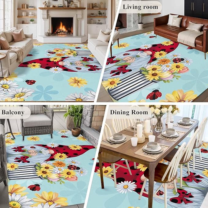 Area Rug 6x9ft, Summer Ladybug Gnome Daisy Flower Washable Rugs for Living Room Bedroom, Watercolor Bloom Floral on Blue Soft Non-Slip Area Rugs Rectangle Floor Carpet for Dining Room
