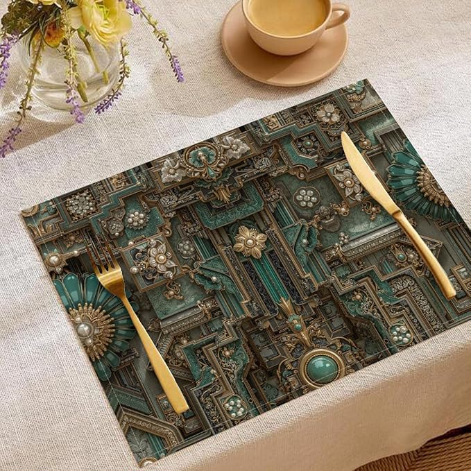Baroque Style Table Mats Set of 4, Retro Metal Fixtures Washable Non-Slip Place Mats Heat Insulation Placemats for Kitchen Dinning Restaurant, 30 x 45cm, Bronze