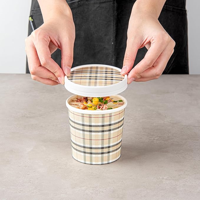 Restaurantware-LIDS ONLY: Bio Tek Soup Container Lids, 200 Disposable Bowl Lids For 12 Ounce Soup Cups - Containers Sold Separately, Vented, Plaid Print Paper Soup Container Lids, Round,