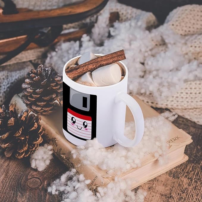 3dRose mug_57455_3 "Kawaii Cute Happy Floppy Disk - Geeky Retro computer - Japanese Anime Smiley cartoon with red label Magic Transforming Mug, 11 oz, Multicolor