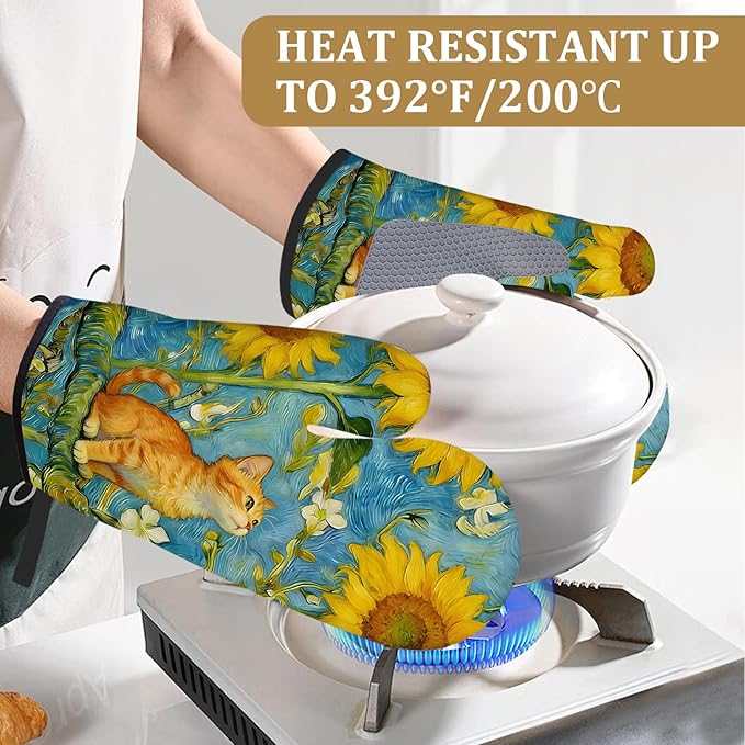 Cute Sunflower Cat Oven Mitts and Pot Holders Sets 4Pcs Animal Floral Silicone Kitchen Gloves Heat Resistant Potholders for Baking Cooking Grilling BBQ