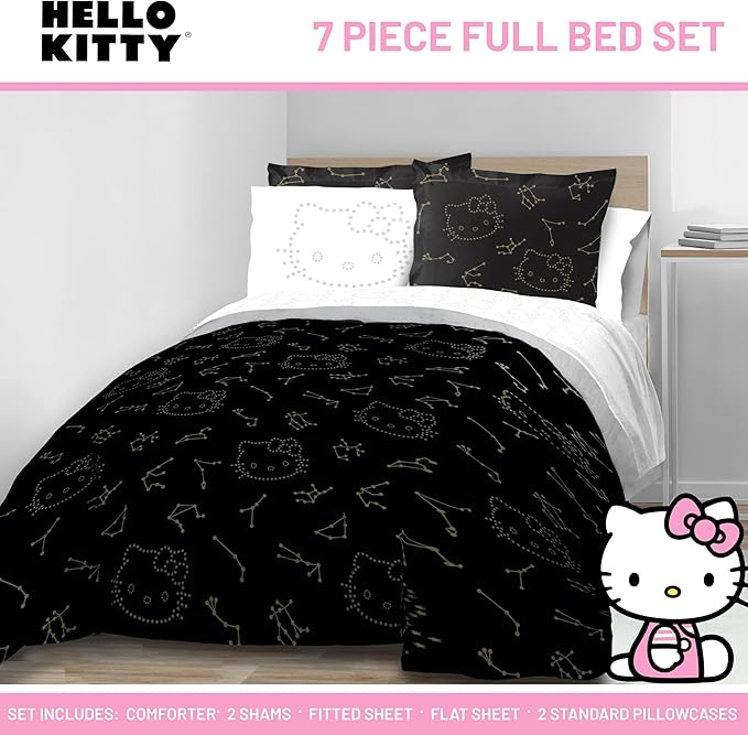 Jay Franco Hello Kitty Stars Full Comforter Set - 7 Piece Bedding Includes Sheet Set & Pillow Covers - Super Soft Zodiac Black & Gold Bedding
