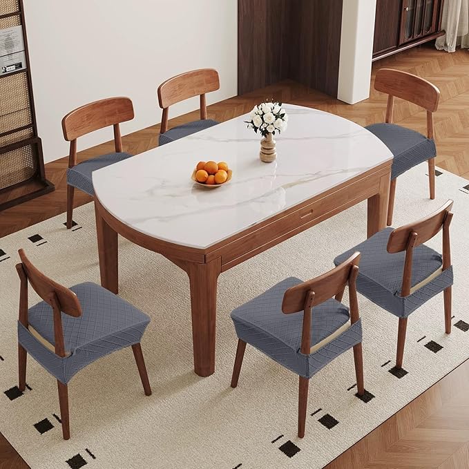 Genina Waterproof Seat Covers for Chairs,Set of 6 Dining Room Chair Seat Covers for Kitchen,Stretch Jacquard Removable Washable Dining Chair Slipcovers Protectors,No Rear Covers, Dark Grey