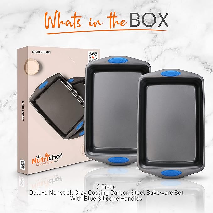 NutriChef 2-Piece Baking Pan Set - Premium Non-Stick Coating Carbon Steel Bakeware w/ Silicone Handles - PFOA, PFOS, PTFE Free Kitchen Oven Bake Tray, Cookie Sheets - Dark Gray, 17.3"x11.4"x1.2"