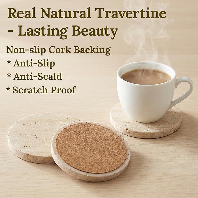 CASACOUTURE-Travertine-Stone-Coasters Set of 4-Round -4" Diameter Drink Coasters for Housewarming Gift, Desktop Protection Suitable for Various Cups - Sturdy and Durable Aesthetics