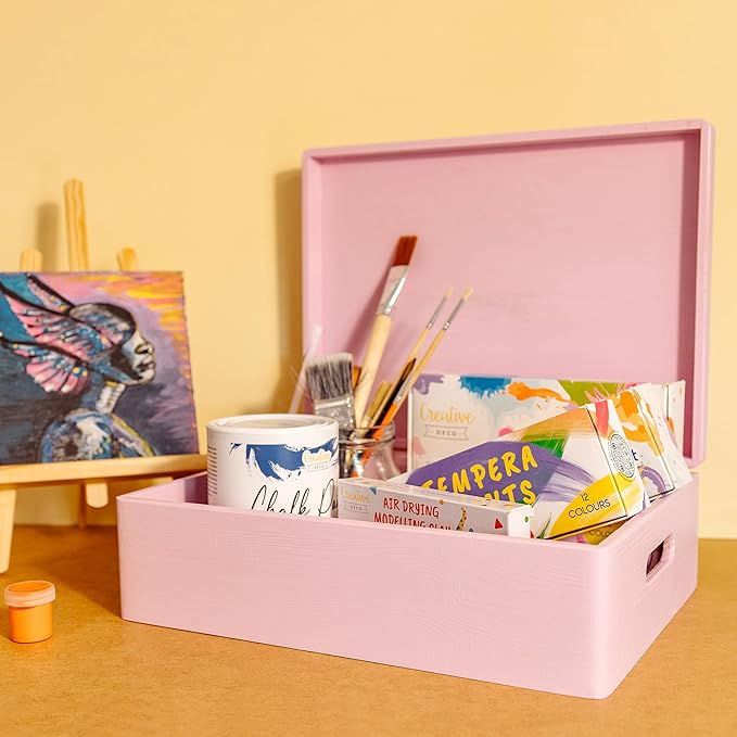 Creative Deco XL Pink Wooden Box Storage with Hinged Lid | 15.8x11.8x5.5in (+-0.5) | Keepsake with Handles | Gift Box for Tool Dog Toy Kitchen Storage | Wood Chest Trunk