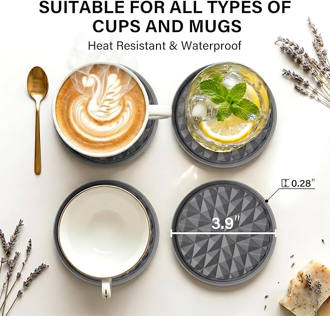 Silicone Coasters for Drinks[4 Pack]- Cup Mat for Tabletop Protection-Non-Slip, Non-Stick, Coffee Table Decor, Housewarming or Hostess Gift, Dark Grey