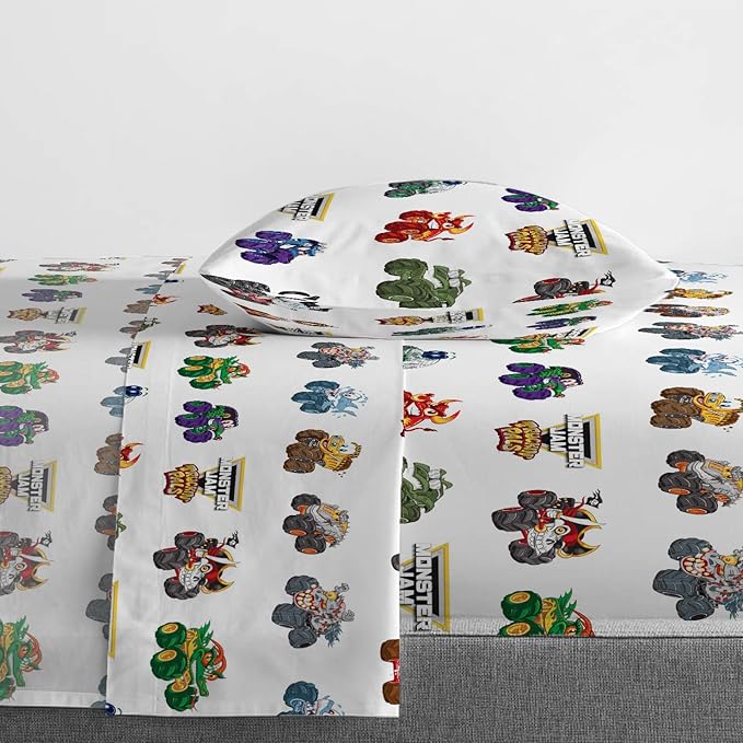 Jay Franco Kids Sheet Set with Fitted, Flat Sheets & Pillow Cover - Ultra-Soft Bedding with Pillowcase for Room Decor, White - Monster Jam, 3 Piece Toddler