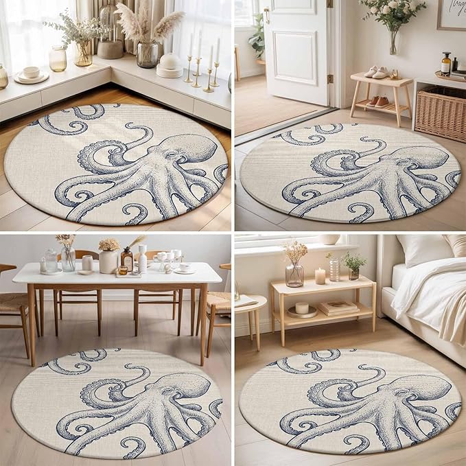 Washable Round Area Rug Marine Octopus Sea Monster Circle Rugs Floor Carpet for Living Room Bedroom, Farmhouse Ocean Life on Linen Soft Non Slip Round Rug 5ft