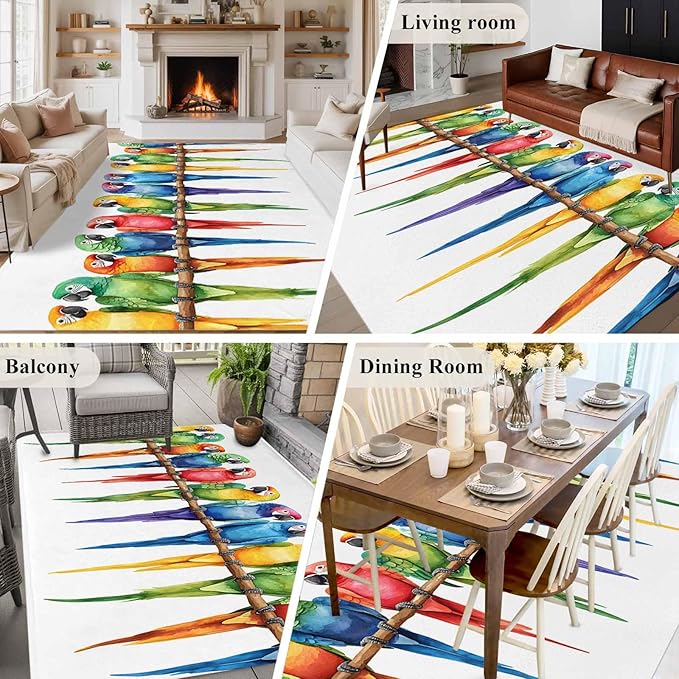 Area Rug 6x9ft, Funny Watercolor Parrot Washable Rugs for Living Room Bedroom, Red Green Blue Gradient Bird Soft Non-Slip Area Rugs Rectangle Floor Carpet for Dining Room