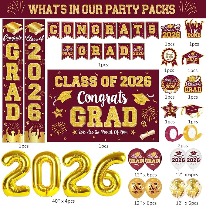 Graduation Decorations Class of 2026 - Maroon and Gold Graduation Party Supplies Include Backdrop, Banner, Hanging Swirls, Porch Sign, Balloons for Congrats Grad Decorations