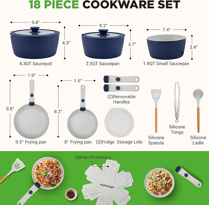 NutriChef 18-Piece Ceramic Cookware Set with Detachable Handles, Space-Saving Nonstick Pots, Pans & Lids, Oven-Safe Bowls, Stackable Storage, Includes Cooking Utensils & Accessories (Blue)