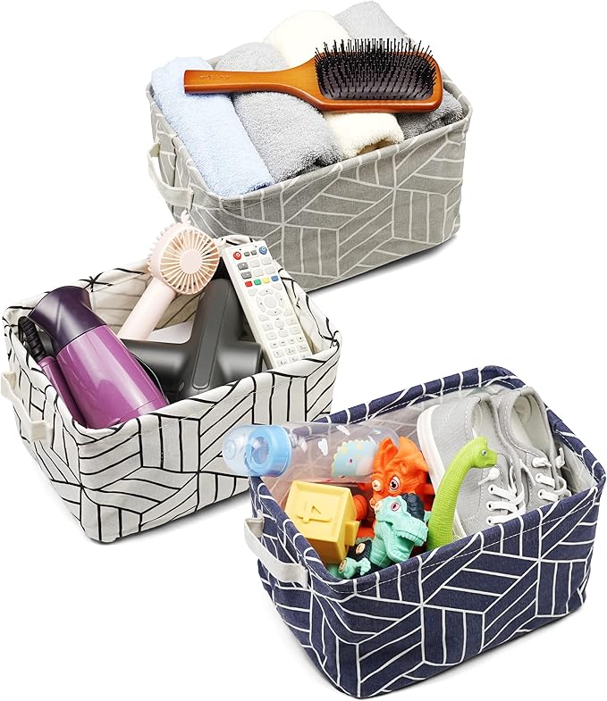 CROWNED 6 Pcs Storage Basket Foldable Cube Fabric Bins Square Mini Box Receive Organizer Rectangle Canvas with Handles for Home Office Books Small 11x8x6.3 inch Grey
