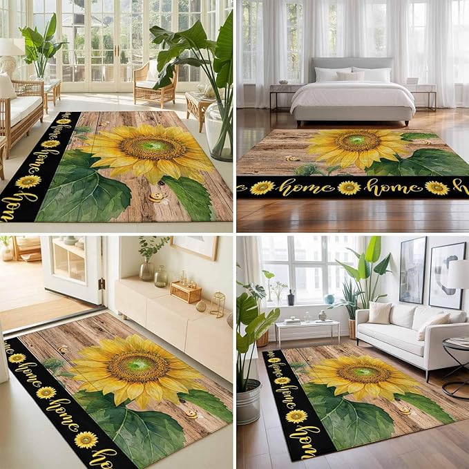 Area Rug 8x10ft, Summer Sunflowers Bees Washable Rugs for Living Room Bedroom, Farmhouse Wood Background Soft Non-Slip Area Rugs Rectangle Floor Carpet for Dining Room