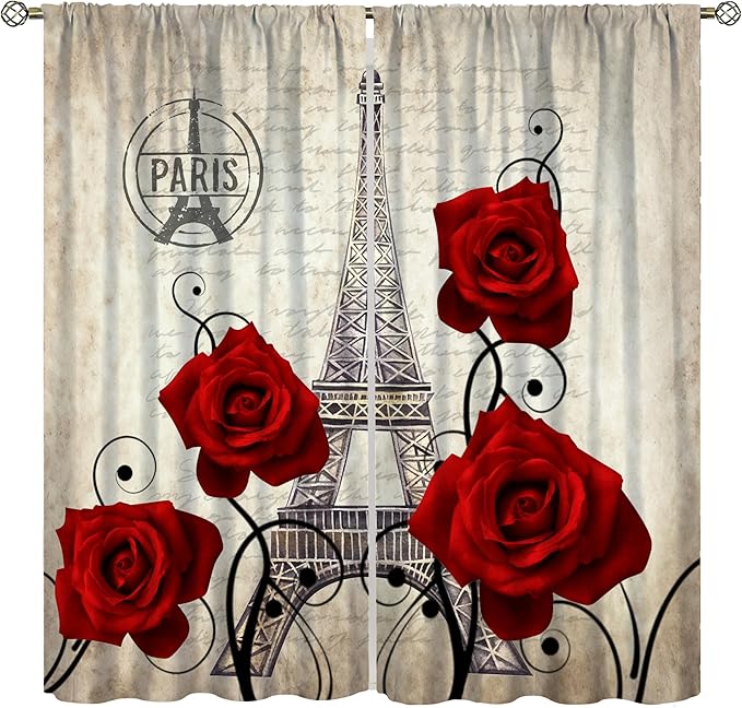 Eiffel Tower Blackout Curtain,Vintage France Paris Red Rose Floral Stamp Romantic Window Curtains for Bedroom Cafe Dining Room Office Living Room Kitchen Drapes,42x45 in