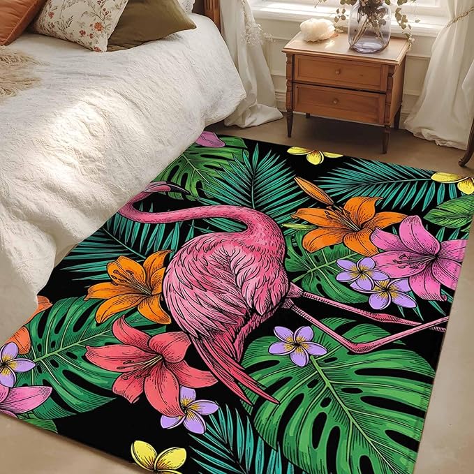 Area Rug 4x6ft, Pink Flamingos Tropical Leaf Washable Rugs for Living Room Bedroom, Colorful Lily Blossom Floral Soft Non-Slip Area Rugs Rectangle Floor Carpet for Dining Room