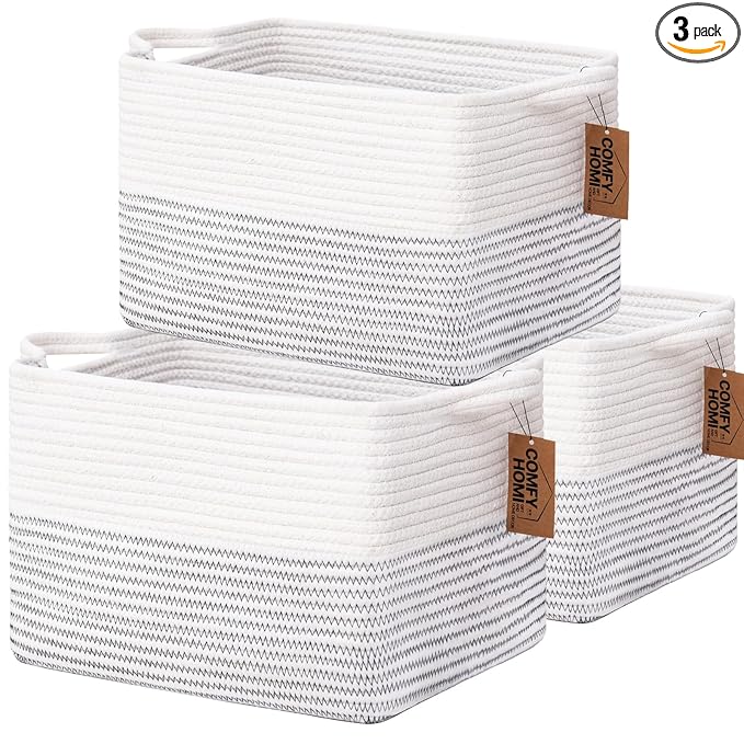 COMFY-HOMI 3 Pack Cotton Rope Square Basket with Handles - Storage & Organizer (White/Black Line, 13.5" x 11" x 9.5")