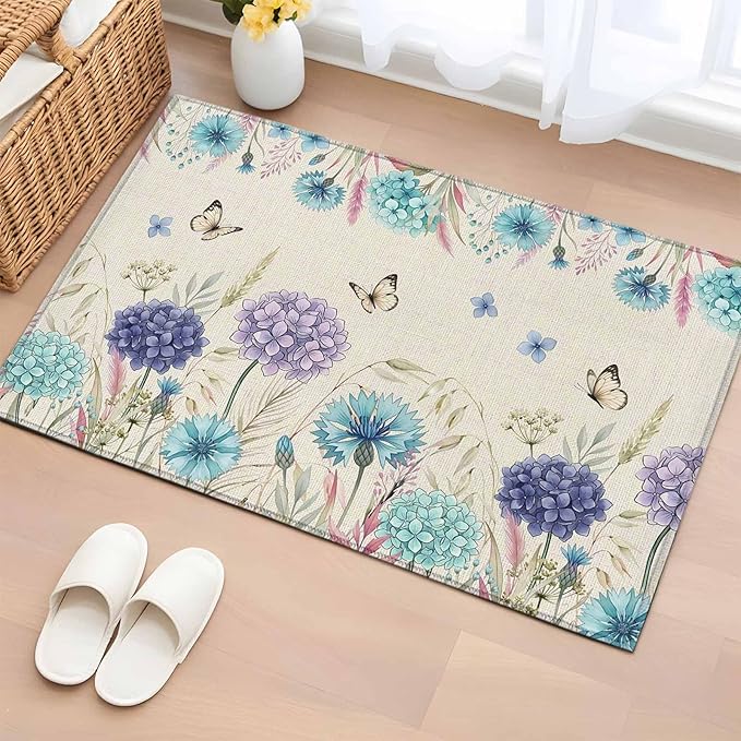 Area Rug 2x3ft, Farm Blossom Floral Hydrangea Washable Rugs for Living Room Bedroom, Watercolor Butterfly on Linen Soft Non-Slip Area Rugs Rectangle Floor Carpet for Dining Room