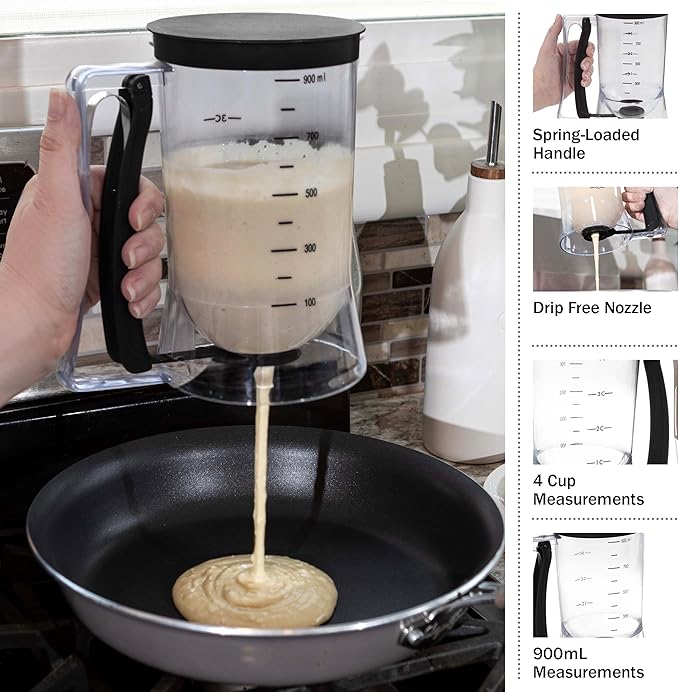 Pancake Batter Dispenser - 4-Cup Batter Dispenser with Squeeze Handle for Pancakes, Waffles, Muffins, and Crepes - Baking Tools (Black)