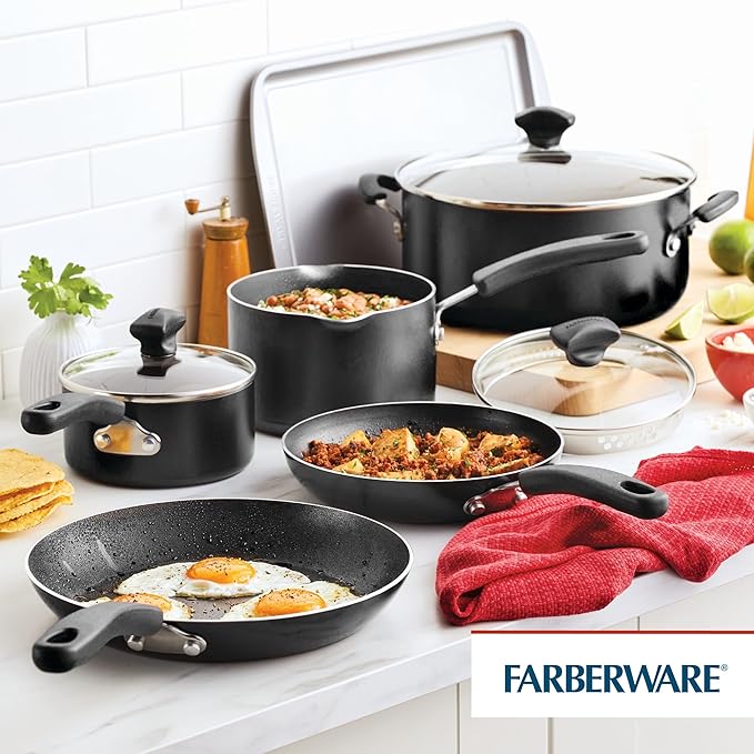 Farberware Cookstart DiamondMax Nonstick Cookware/Pots and Pans Set with Glass Lids, Dishwasher Safe, Includes Baking Pan and Kitchen Cooking Tools, 15 Piece - Black