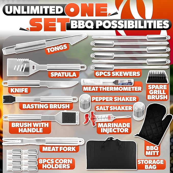 27 Pcs Grill Set for Outdoor Grill – Durable Stainless Steel Barbecue Tool Sets with Case, Thermometer & Mitt – Birthday Ideas for Men, Grill Accessories for Backyard BBQ & Cooking