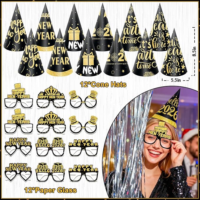 New Years Decorations 2026, New Years Eve Party Supplies 2026 with Happy New Year Banner Silver Fringe Curtains 32inch 2026 Balloons Hats Glasses Noise Makers for NYE Decorations 2026