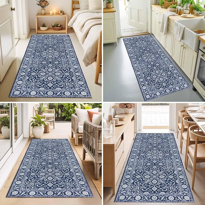 Runner Rug for Bedroom Hallway, Navy Blue Paisley Floral Texture Kitchen Runner Rugs Area Rug 2x6ft, Vintage Tribe Flower Washable Soft Floor Carpet for Entryway Stair