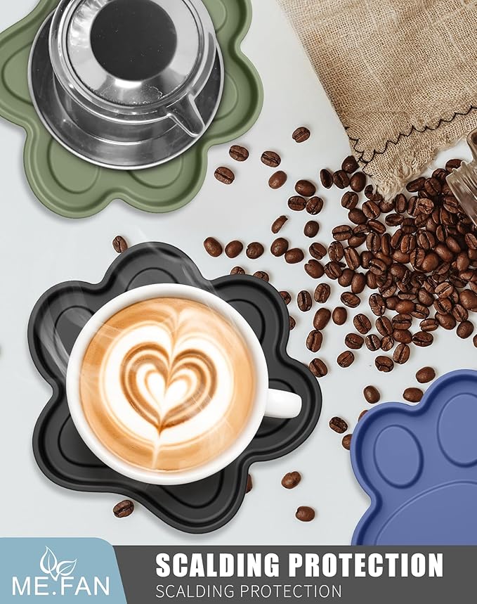 ME.FAN Silicone Coasters 6 Pack Paw Cup Mat with Holder, Dog Cat Paw Shape, for Hot or Cold Drink, Non-Slip, Non-Stick, Room Decor, Housewarming Desert Sage