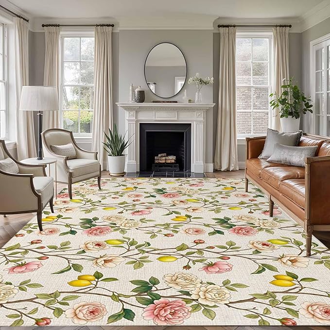 Area Rug 8x10ft, Farmhouse Blossom Flower Leaf Lemon Washable Rugs for Living Room Bedroom, Summer Retro Floral Fruit Soft Non-Slip Area Rugs Rectangle Floor Carpet for Dining Room