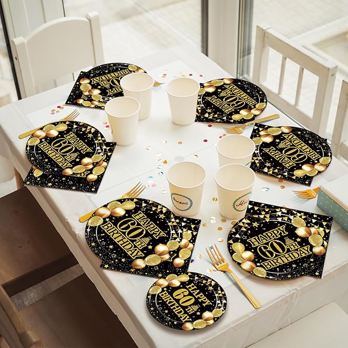 Kepeel 200Pcs 60th Birthday Party Tableware Set, Back in 1966 Birthday Party Decorations Supplies for Men Women Cheers to 60 Years Disposable Paper Plates Napkins Forks Favors, Serve 50
