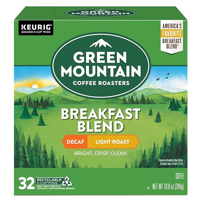Green Mountain Coffee Roasters, Breakfast Blend Decaf Coffee, Keurig Single-Serve K-Cup Pods, Light Roast, 32 Count